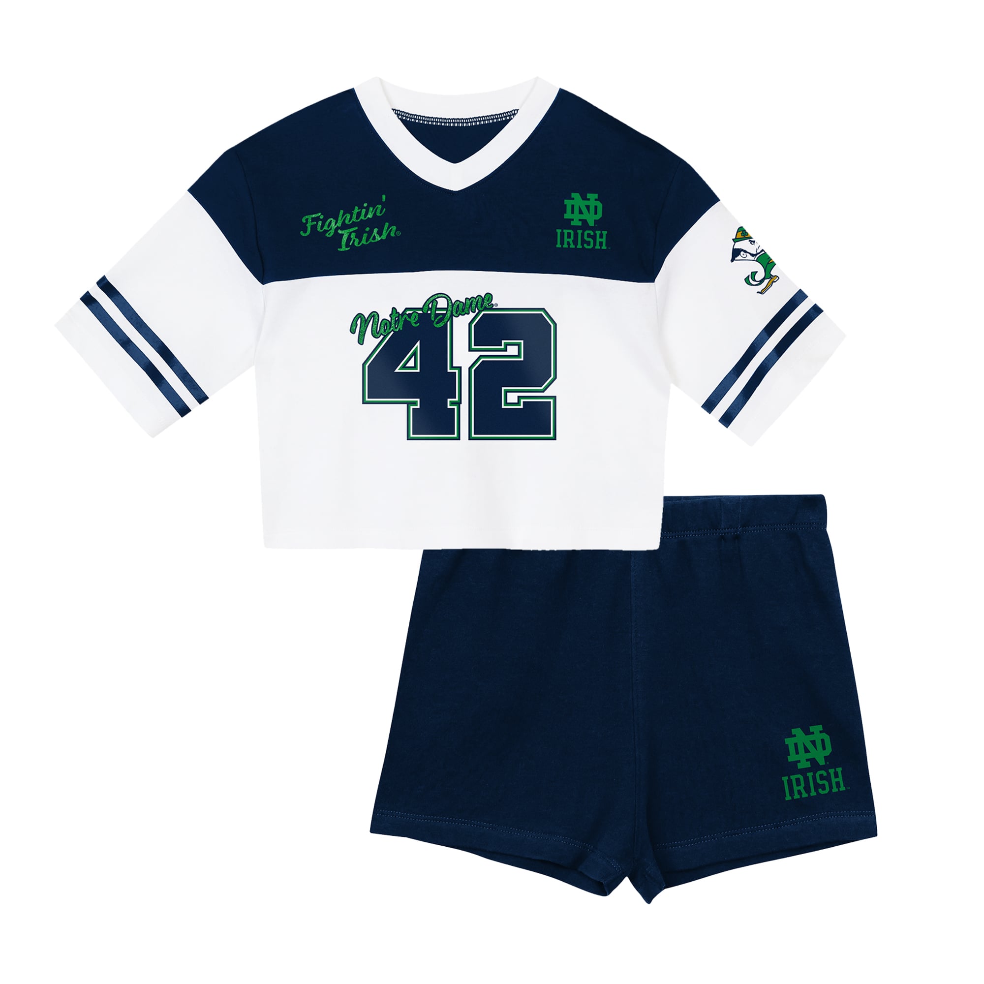 Ensemble T-shirt à col en V et short Outerstuff bleu marine/blanc Notre Dame Fighting Irish pour fille (taille préscolaire)